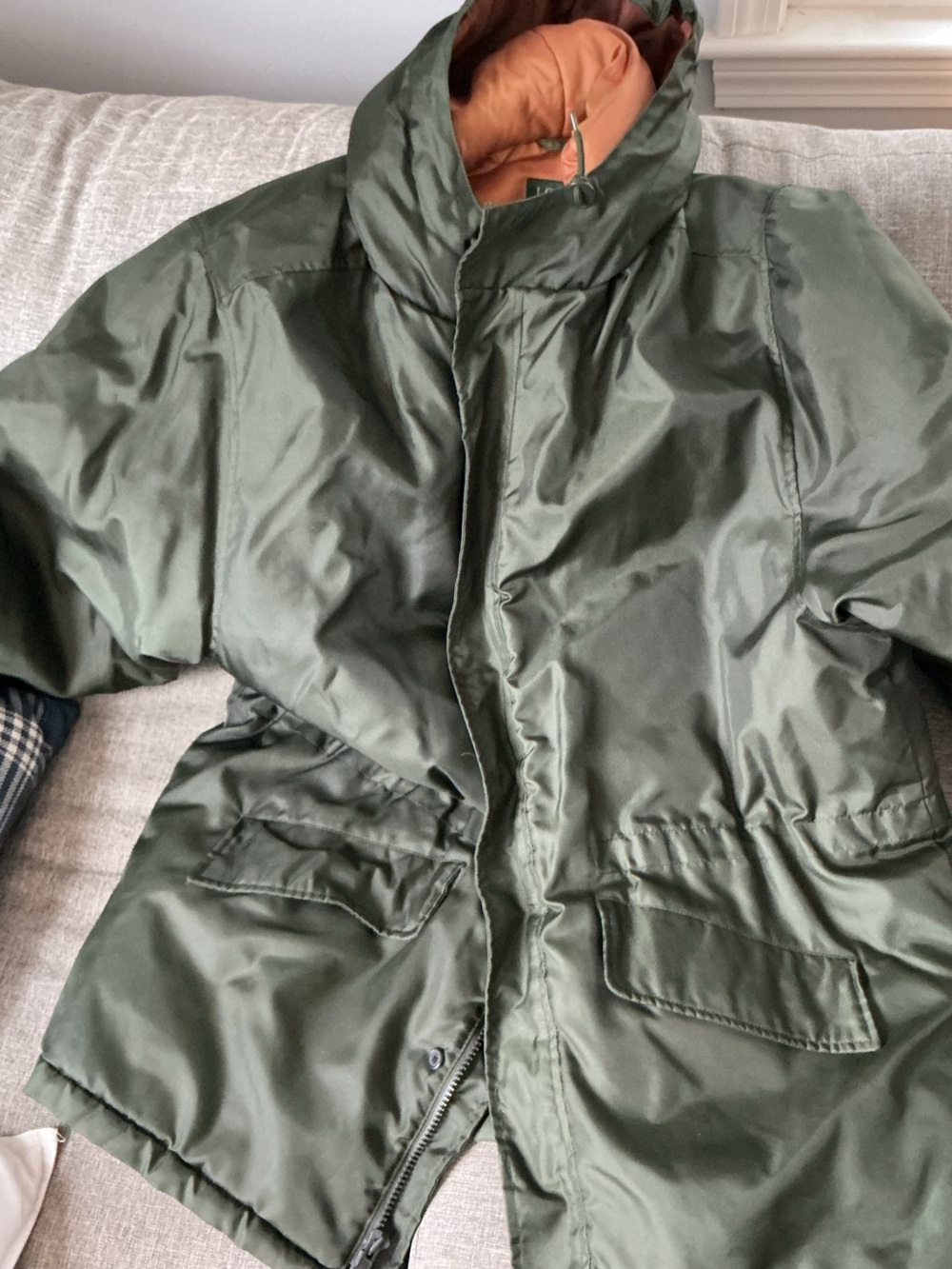 J. Crew Men's Olive Green Field Jacket with Orange Lined Hood